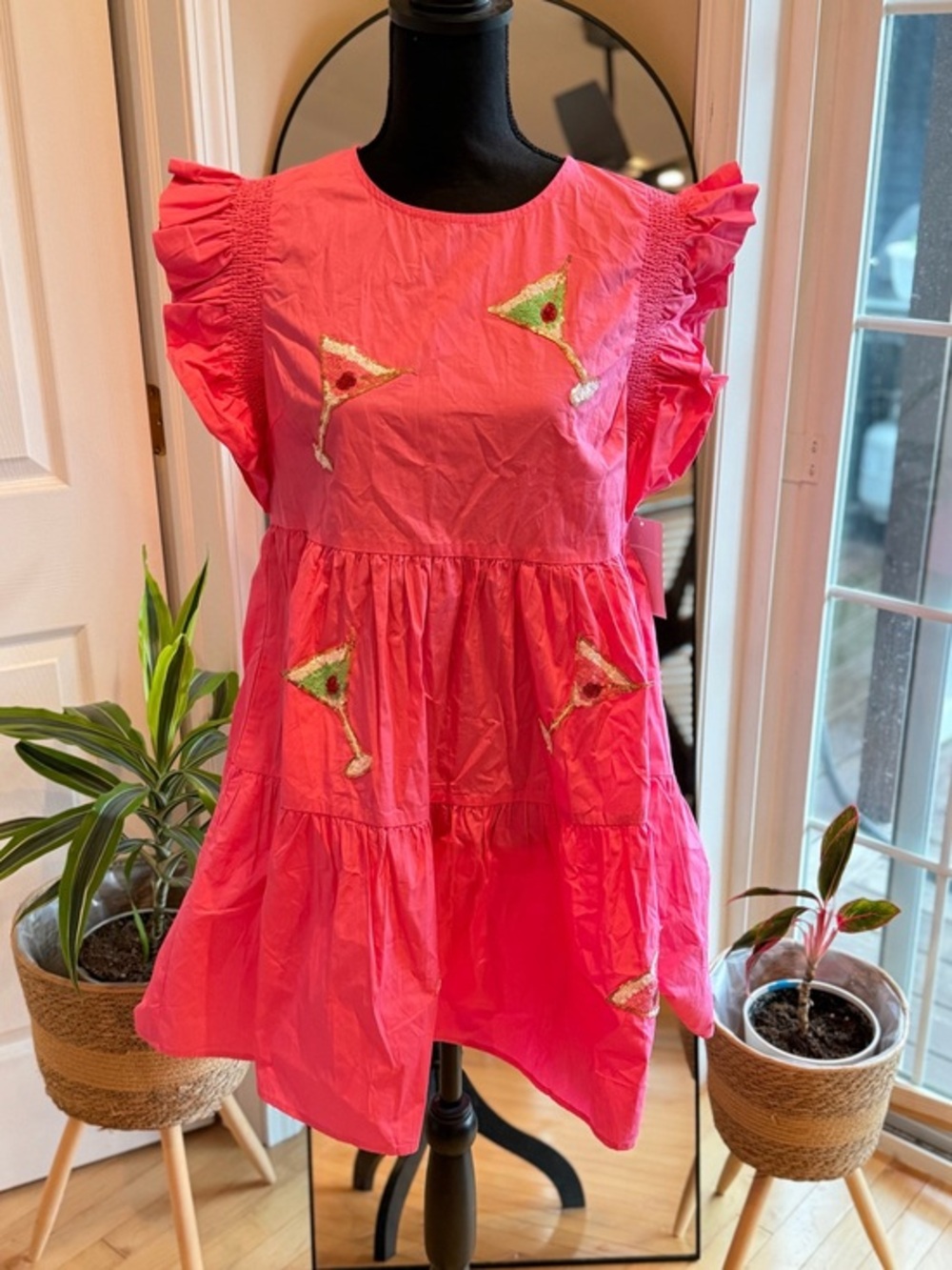 Bright Pink Ruffled Tiered Dress with Embroidered Cocktail Motifs